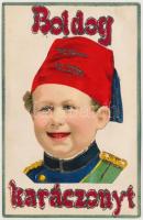 1915 Boldog karácsonyt! / Christmas greeting art postcard with child in fez. decorated Emb. litho
