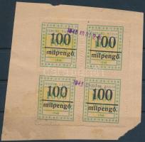 1946 Szeged város okirati illetékbélyeg 100mP/1000P négyestömb, egy oldalon fogazatlan (15.000) / block of 4, imperforate on the left side