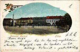 1900 Baja, Fő tér, szobor. Ifj. Wagner Antal kiadása, floral, Art Nouveau