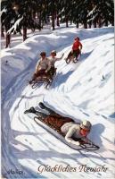 1910 Glückliches Neujahr / New Year greeting art postcard, sledding people, winter sport. W.W. 6702. s: Mailick