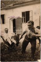 1932 Gyöngyösapáti (Gencsapáti), Józsi és Miki a konyha előtt, humoros erőhúzás talicskával. photo (fa)