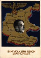 1938 Ein Volk, ein Reich, ein Führer! / Adolf Hitler, NSDAP German Nazi Party propaganda, map, swastika; 6 Ga. + So. Stpl.