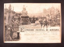 1888 Dionís Baixeras i Verdaguer (1862-1943) - J. Torné (?-?): Barcelona világkiállítás szobrászati kategóriának bronz medáljának oklevele, rézmetszet, papír, paszpartuban, restaurált, 40x59 cm.