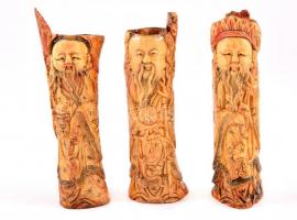 cca 1900 A három kínai szerencse isten: Fu, Lu és Shou, faragott festett csont, kopás nyomokkal, m: 13-15 cm (3×) / The Sanxing, Fu, Lu, and Shou, carved bone figures