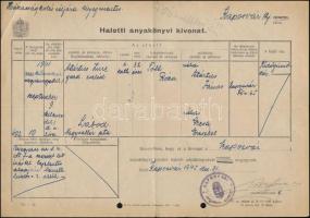1945 Halotti anyakönyvi kivonat. Kaposvár, hátoldalán 3x200P/1P /16f (ismeretlen felülnyomású) illetékbélyeggel.