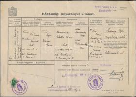 1939 Házassági anyakönyvi kivonat Érsekújvár 1P illetékbélyeggel +2P kiállítási díj bevételezve bélyegzéssel.