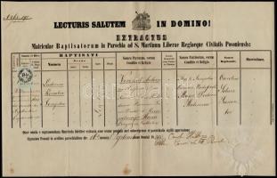 1855 Pozsony anyakönyvi kivonat 15kr CM illetékbélyeggel és szárazpecséttel