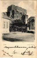 1902 Léva, Levice; várrom, utca / street view with castle ruins
