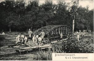 Cs. és kir. távirati ezred híd szállítás közben / Brückentransport. K.u.K. Telegraphenregiment / Austro-Hungarian Telegraphy Regiment, transporting a bridge on field railway