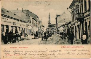 1902 Losonc, Lucenec; Kossuth Lajos utca, templom, üzletek / street view, church, shops