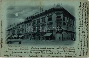 1899 Kassa, Kosice; Fő utca, este, The Gresham biztosító, Strausz D. utódja, Breitner Mór és Jelinek H. üzlete, piac / square with insurance company and shop at night, market