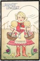 Húsvéti üdvözlet. Rigler József Ede kiadása / Hungarian Easter greeting art postcard s: Jákó Mária