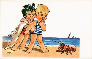 4 db régi olasz művészlap, gyerekek a strandon / 4 pre-1945 Italian art postcard, children on the be...