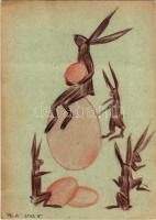 1942 Boldog Húsvéti Ünnepeket! Tábori Postai Levelezőlap. Kézzel rajzolt / WWII Hungarian military Easter greeting art postcard. Hand-drawn (EK)