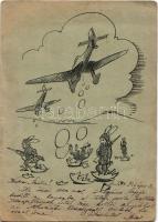 1944 Boldog Húsvéti Ünnepeket! Tábori Postai Levelezőlap. nyúl katonák repülőgépekkel / WWII Hungarian military Easter greeting art postcard. soldier rabbits and aircrafts (EK)