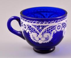 Kék csipkés üveg csésze, apró hibákkal, d: 5,5 cm
