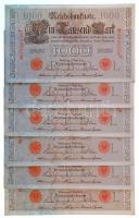 Német Birodalom 1910. 1000M piros pecsét, hétjegyű sorszámmal (6x) sorszámkövetők T:I- /  German Empire 1910. 1000 Mark with red seal, 7 digit serial (6x) sequential serials C:AU Krause 44.b
