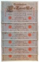 Német Birodalom 1910. 1000M piros pecsét, hétjegyű sorszámmal (7x) sorszámkövetők T:I- /  German Empire 1910. 1000 Mark with red seal, 7 digit serial (7x) sequential serials C:AU Krause 44.b