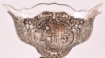 Ezüst (Ag.) talpas  jardiniere, rokájos áttört életképpel, jelzett, eredeti hibátlan üvegbetéttel, n...
