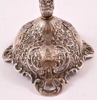 Ezüst (Ag.) talpas  jardiniere, rokájos áttört életképpel, jelzett, eredeti hibátlan üvegbetéttel, n...