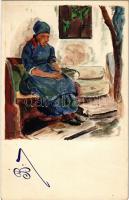 Old lady. Hand-painted art postcard. Verlag Orient Mill