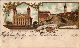 1895 (Vorläufer!!!) Debrecen, Református nagy templom, Piac utca a városi vasúttal. C. Jurischek Art Nouveau, floral litho (nagyon korai!) (vágott / cut) + "1895 NAGY-KÁROLY"