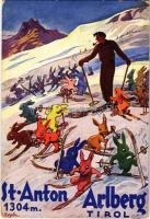 1937 St. Anton - Arlberg (Tirol) / Rabbits skiing art postcard, humour s: B. Czegka