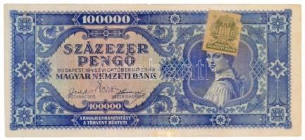 1945. 100.000P kék színű, zöld MNB bélyeggel, M031 014541 T:III kis szakadás / Hungary 1945. 100.000 Pengő blue color with green MNB stamp, M031 014541 C:F small tear  Adamo P24e