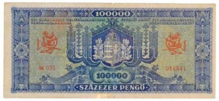 1945. 100.000P kék színű, zöld "MNB" bélyeggel, "M031 014541" T:III kis szakadás...