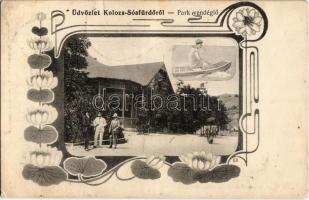 Kolozs, Kolozs-Sósfürdő, Cojocna; Park vendéglő. Szecessziós virágos keret / park restaurant. Art Nouveau floral frame (Rb)