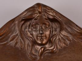 Szecessziós bronz asztali toll és tintatartó. Üvegbetétekkel. Egyiken lepattanás. 30 cm / Bronze tab...