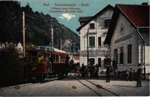 Trencsénteplic, Trencianske Teplice; Villamos vasút főállomása. Kiadja Wertheim Zsigmond / Hauptstation der elektrischen Bahn / tram station, tramways, railway station (EK)