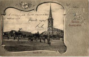 1901 Érsekújvár, Nové Zámky; Kossuth tér, templom, gyógyszertár, Conlegner J. és fia üzlete és saját kiadása / square, church, pharmacy, shop. Art Nouveau