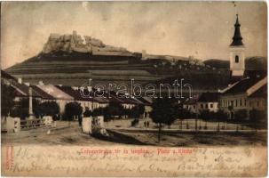 1908 Szepesváralja, Spisské Podhradie; tér és templom, háttérben a vár, szobor / square and church, castle in the background, statue