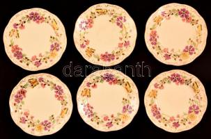 Zsolnay pillangó mintás süteményes tányér (6 db), kézzel festett, kopásnyomokkal, jelzett, d:16,5 cm ( 6×)