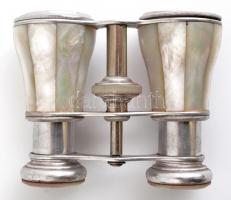 Gyöngyházdíszítéses színházi látcső, tokban, 9×7 cm