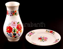 Kalocsai porcelán váza és tálka, kézzel festett, jelzett, hibátlan, m: 19 cm, d: 17 cm