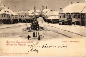 1903 Nagyszombat, Tyrnau, Trnava; Fő tér télen, Szentháromság szobor, üzletek. Horvitz Adolf kiadása / main square in winter, Trinity statue, shops