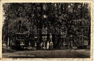 1933 Nyíregyháza, Sóstófürdő; villamosok az (motor) állomásnál. Levelezőlap üzem kiadása