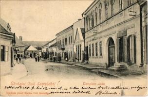 1903 Csíkszereda, Miercurea Ciuc; Templom utca, gyógyszertár. Szvoboda József kiadása / street view with pharmacy
