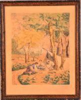 Medgyesy jelzéssel: Sátorozó hölgyek. Színezett rézkarc, papír, foltos, keretben, 29×24 cm