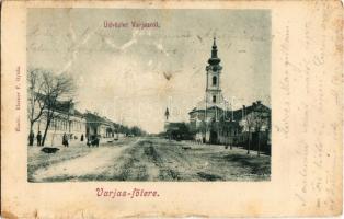 1901 Varjas, Varias; Fő tér, templomok, Elszner F. Gyula kiadása / main square, churches (kis szakadások / small tears)
