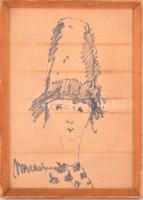 Bornemisza László (1910-1995): Hosszú kalapos. Tus, papír, jelzett, gyűrődéssel, folttal üvegezett keretben, 28×19 cm