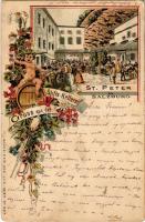 1898 (Vorläufer!) Salzburg, Gruss aus der Stifts-Kellerei, St. Peter / restaurants terrace. Schneider und Lux No. 637. floral, Art Nouveau, litho