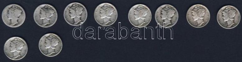 USA 1918-1944. 10c Ag "Mercury" (10x) mind klf évszámmal! T:3,3-