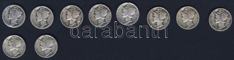 USA 1927-1945. 10c Ag "Mercury" (10x) mind klf évszámmal! T:3,3-