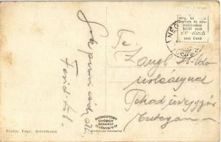 Negyed, Neded; Református templom és paplak, utcakép, Országzászló a leventékkel / Calvinist church ...