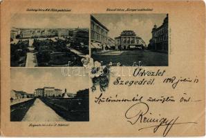 1898 Szeged, Széchenyi tér a M. k. posta palotával, Klauzál tér az Europa szállodával, Dugonits (Dugonics) tér a kir. ítélőtáblával. Fénynyomat Divald K. fia. Floral (EK)
