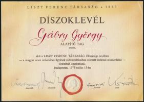 1973 Az újjáalakult Liszt Ferenc Társaság díszoklevele Gábry György zenetörténész, alapító tag részére, Kovács Dénes hegedűművész, elnök, Forrai Miklós karmester, titkár, valamint Trautmann Rezső és Csanádi György miniszterek, társelnökök aláírásaival