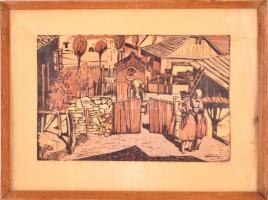 Litkei József (1922-1988): Falu. Színes linó, papír, jelzett, üvegezett keretben, 28×41 cm